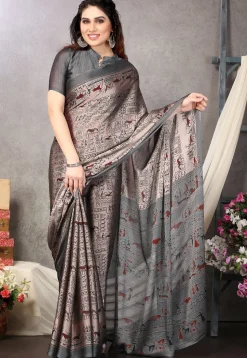 Printed Chiffon Saree in Old Rose and Grey