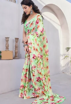 Printed Chiffon Saree in Light Green