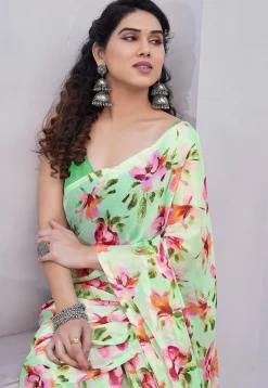 Printed Chiffon Saree in Light Green