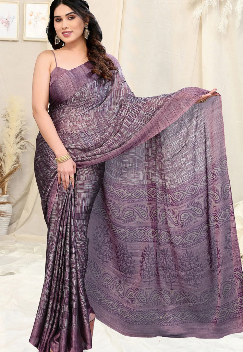 Printed Chiffon Saree in Dusty Purple