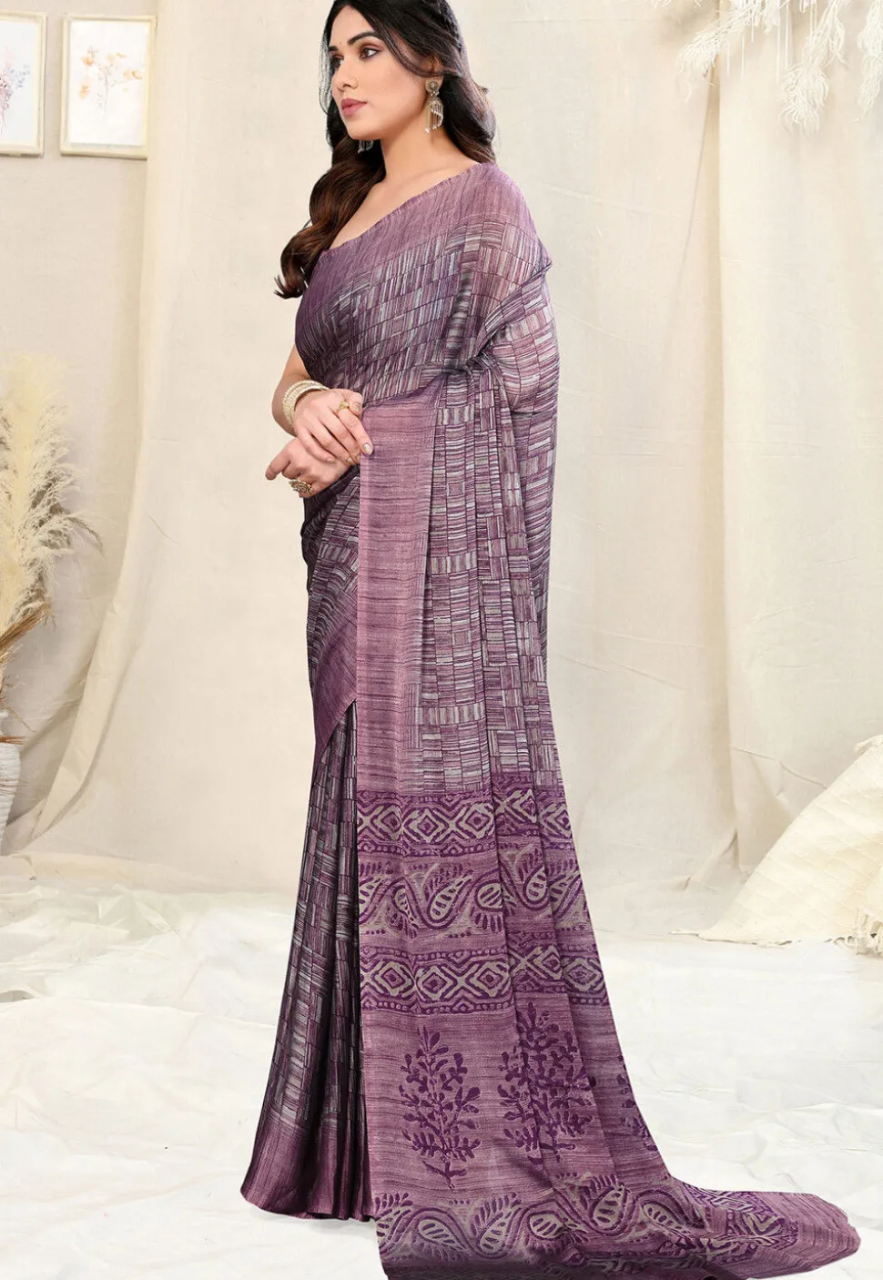Printed Chiffon Saree in Dusty Purple
