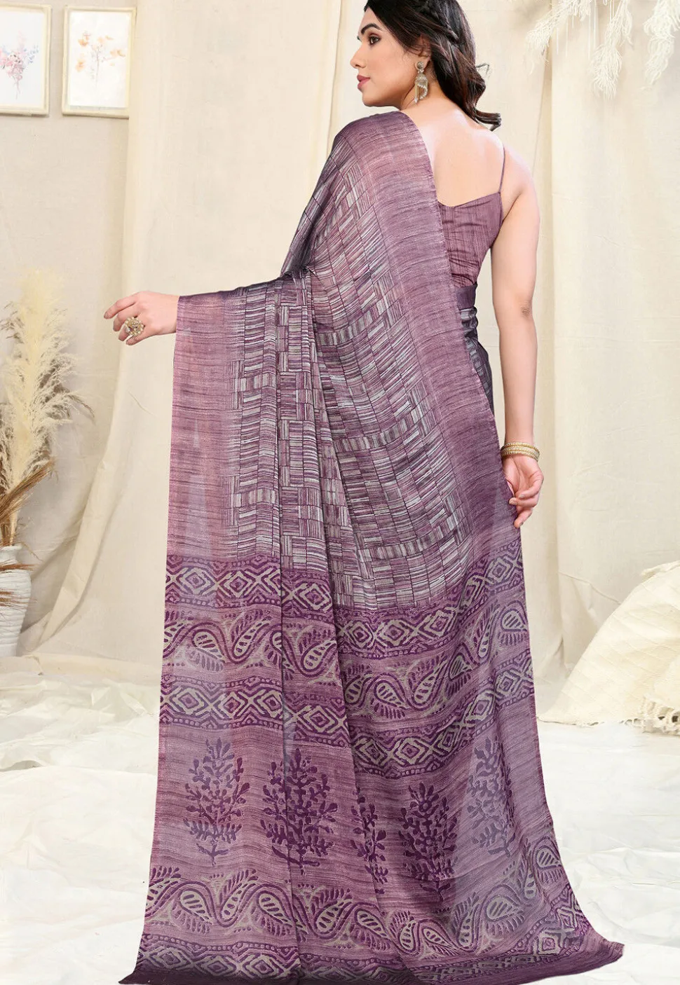 Printed Chiffon Saree in Dusty Purple
