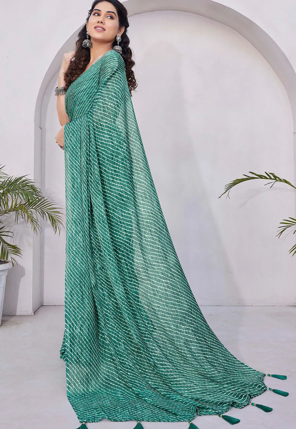 Printed Chiffon Saree in Teal Green