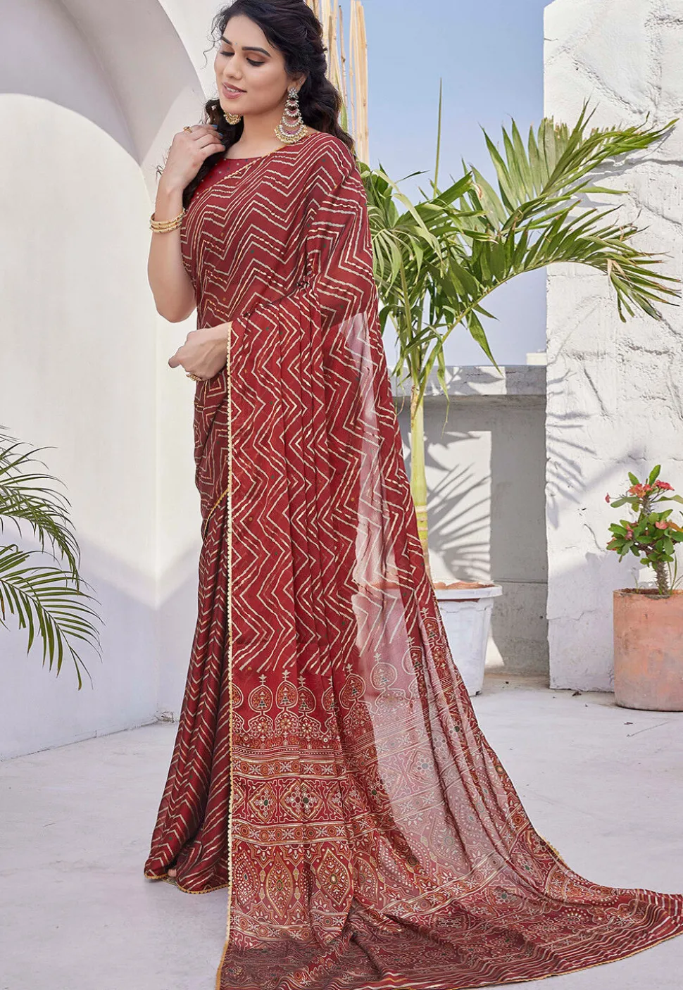 Printed Chiffon Saree in Red