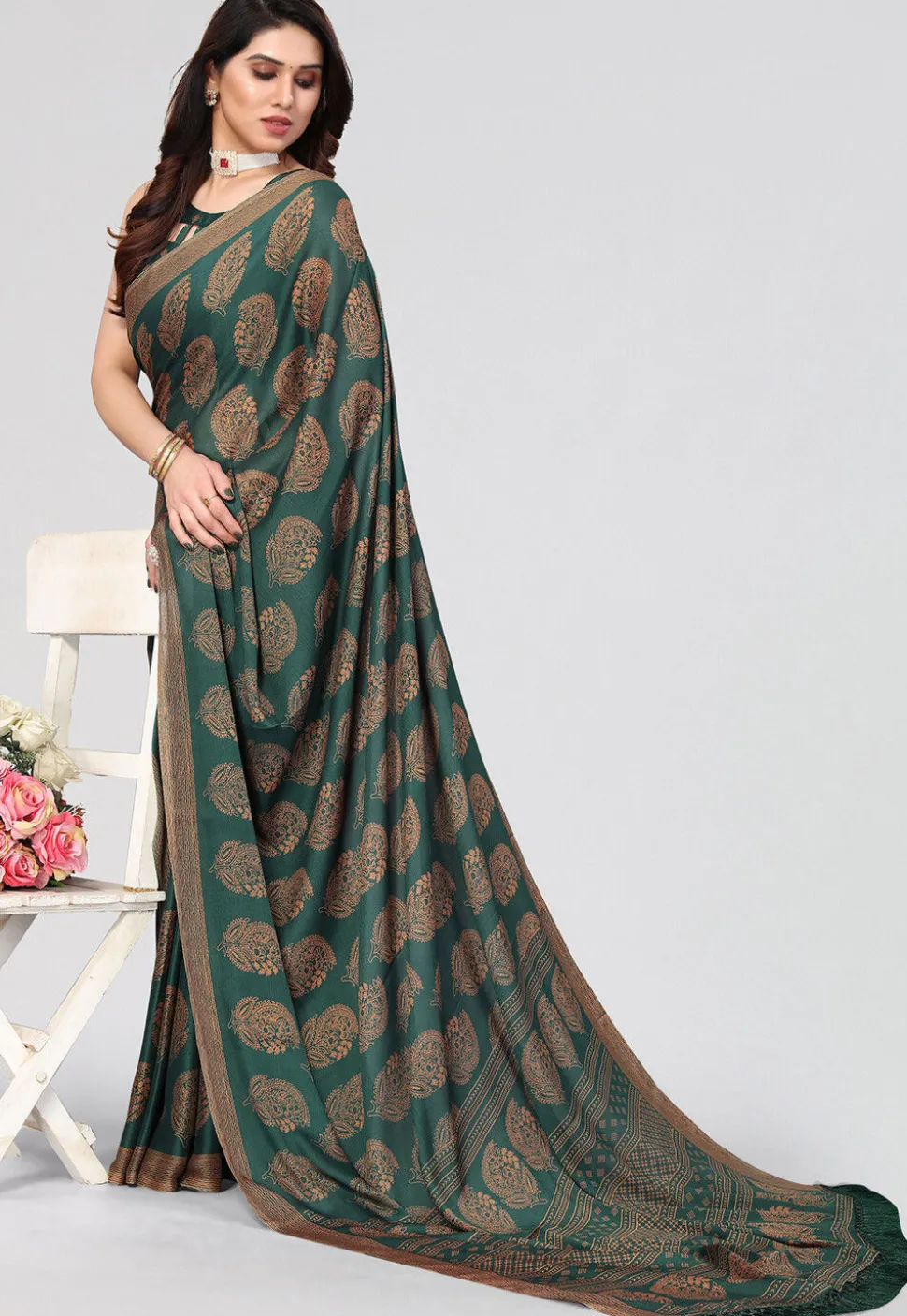 Printed Chiffon Saree in Teal Green