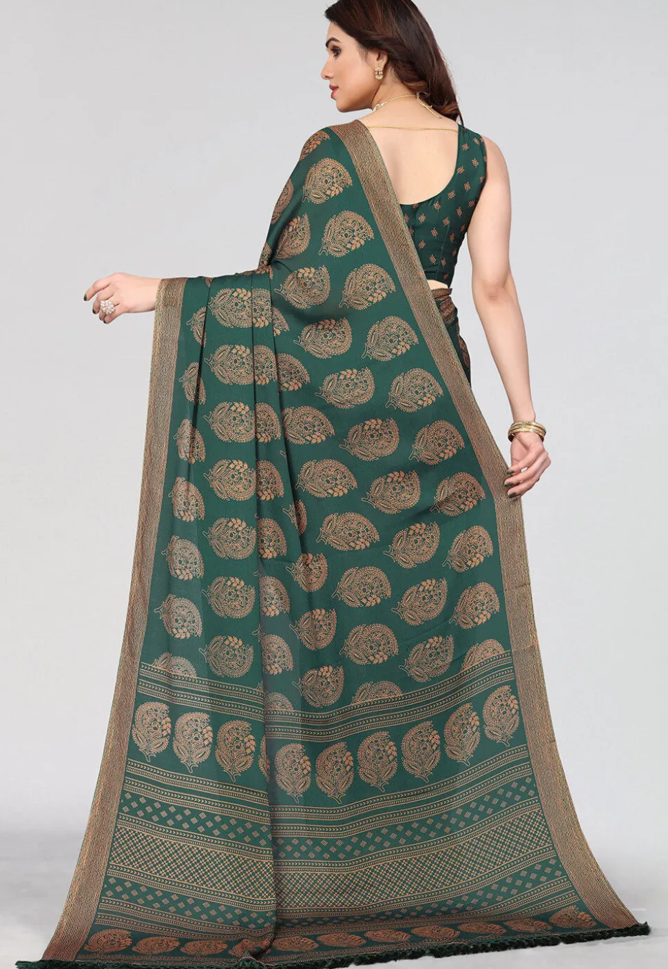 Printed Chiffon Saree in Teal Green