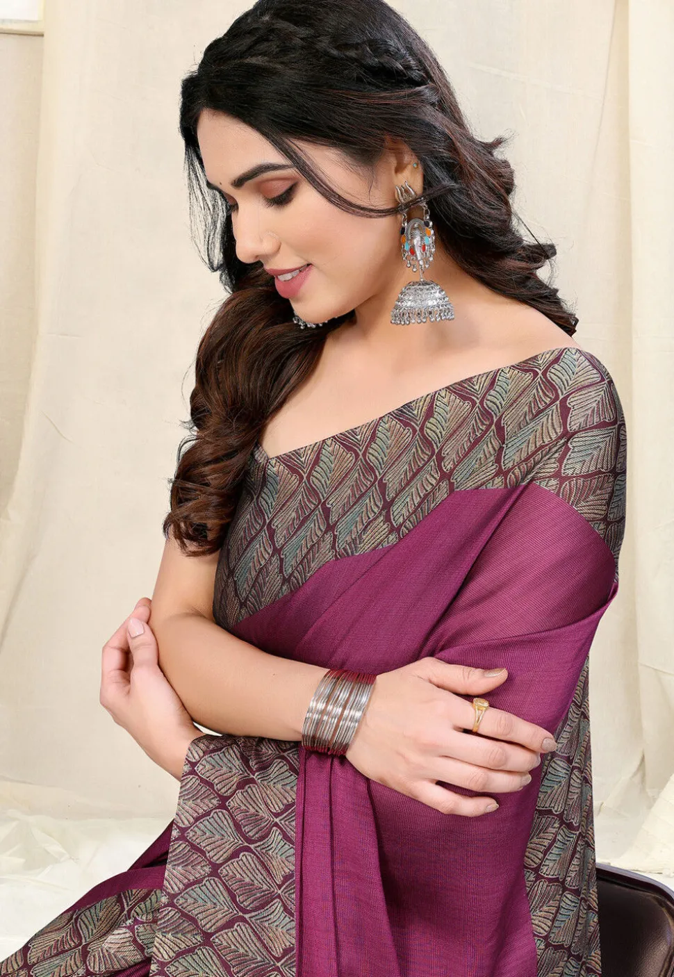 Printed Chiffon Saree in Wine