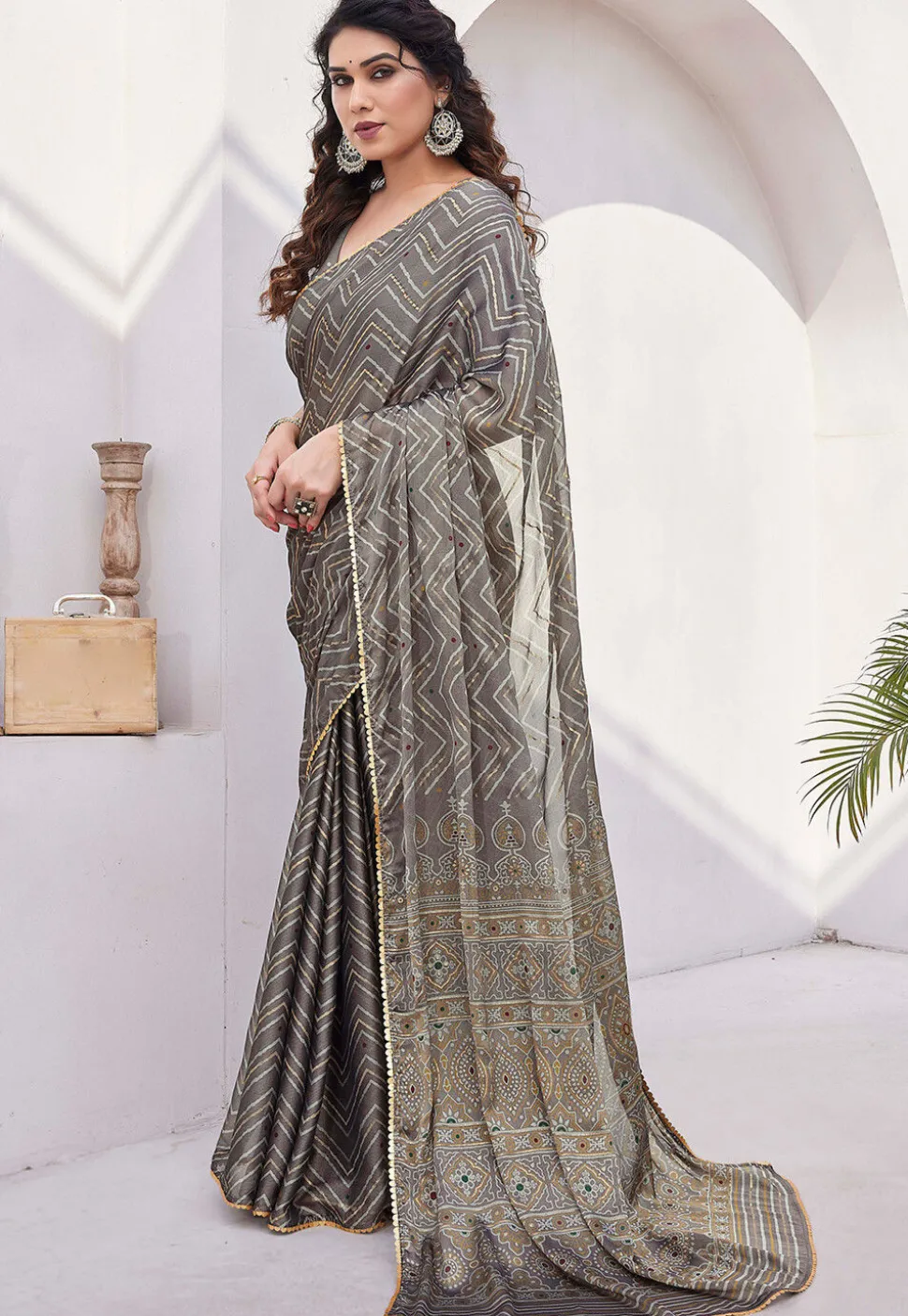 Printed Chiffon Saree in Fawn