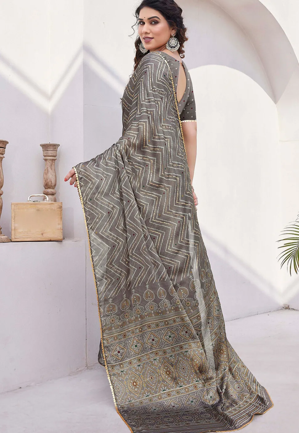 Printed Chiffon Saree in Fawn