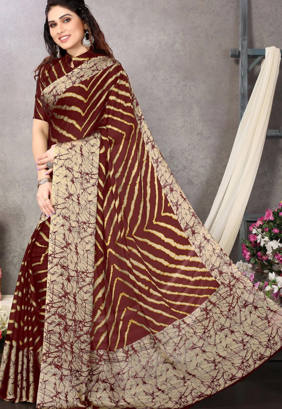 Printed Chiffon Saree in Maroon