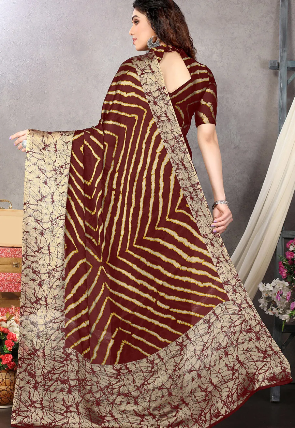 Printed Chiffon Saree in Maroon