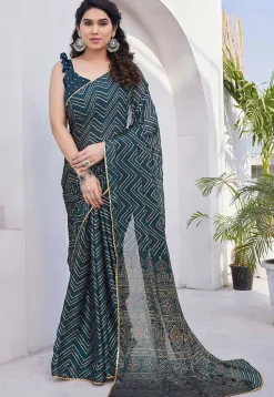 Printed Chiffon Saree in Dark Teal Blue