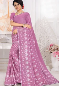 Printed Chiffon Saree in Pink