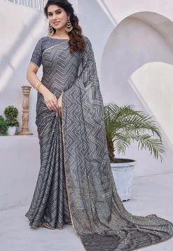 Printed Chiffon Saree in Dusty Blue