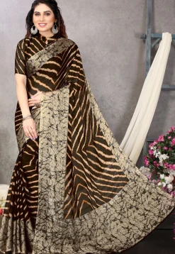 Printed Chiffon Saree in Brown