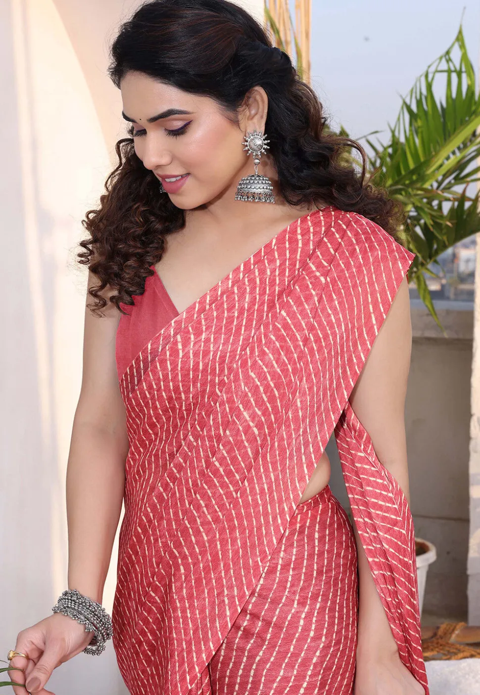 Printed Chiffon Saree in Coral Pink