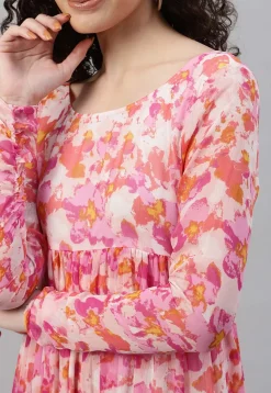 Printed Chiffon Tiered Dress in Pink and Multicolor