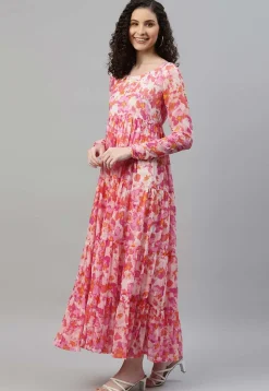 Printed Chiffon Tiered Dress in Pink and Multicolor