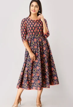 Printed Cotton A Line Flared Kurta in Navy Blue and Dark Peach