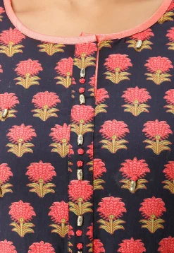 Printed Cotton A Line Flared Kurta in Navy Blue and Dark Peach