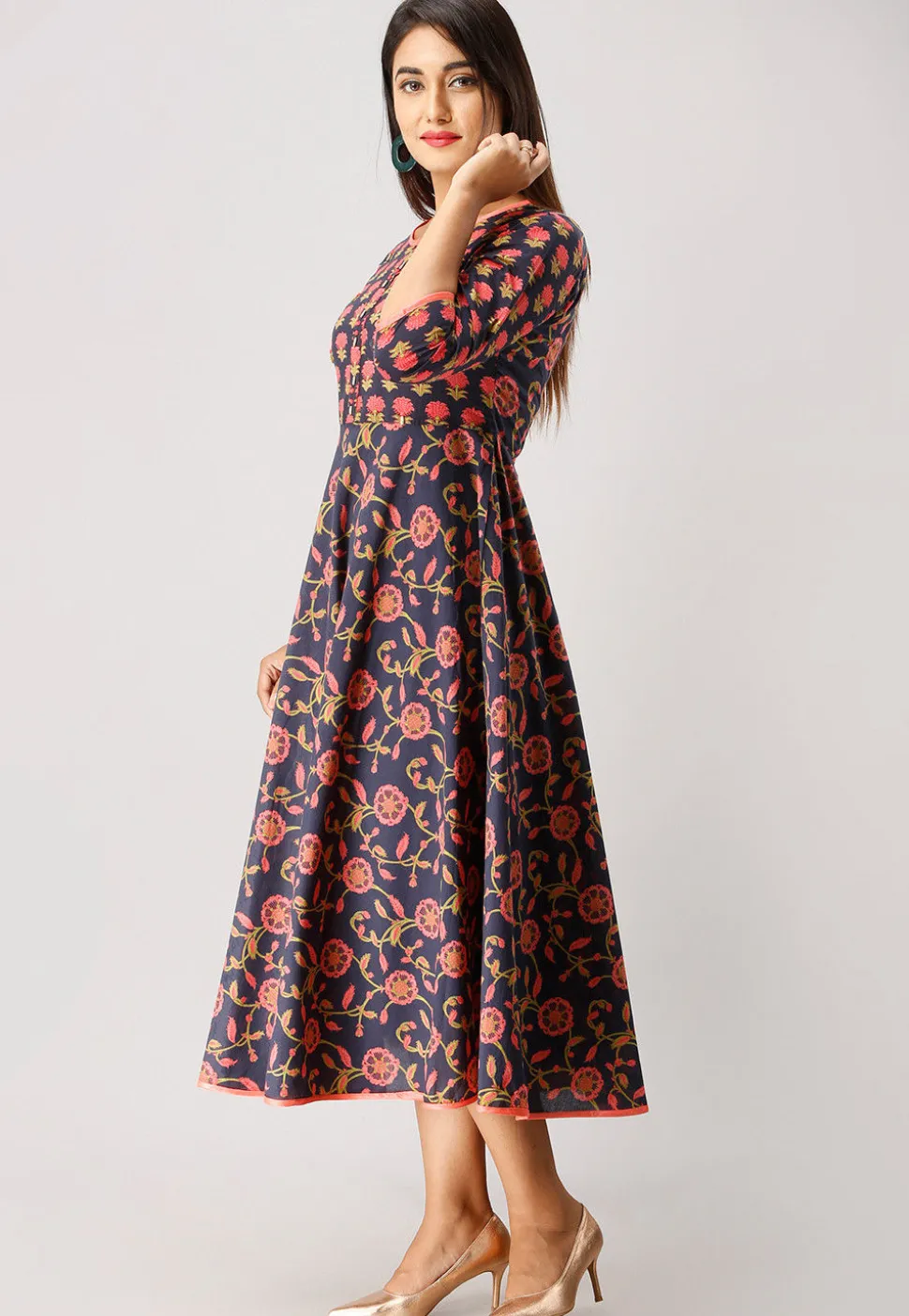 Printed Cotton A Line Flared Kurta in Navy Blue and Dark Peach