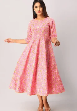 Printed Cotton A Line Flared Kurta in Pink
