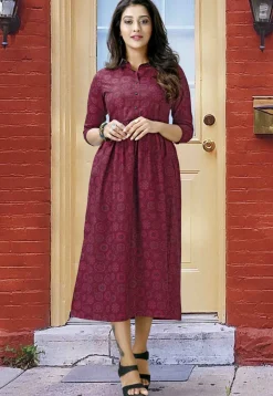 Printed Cotton A Line Kurta in Maroon
