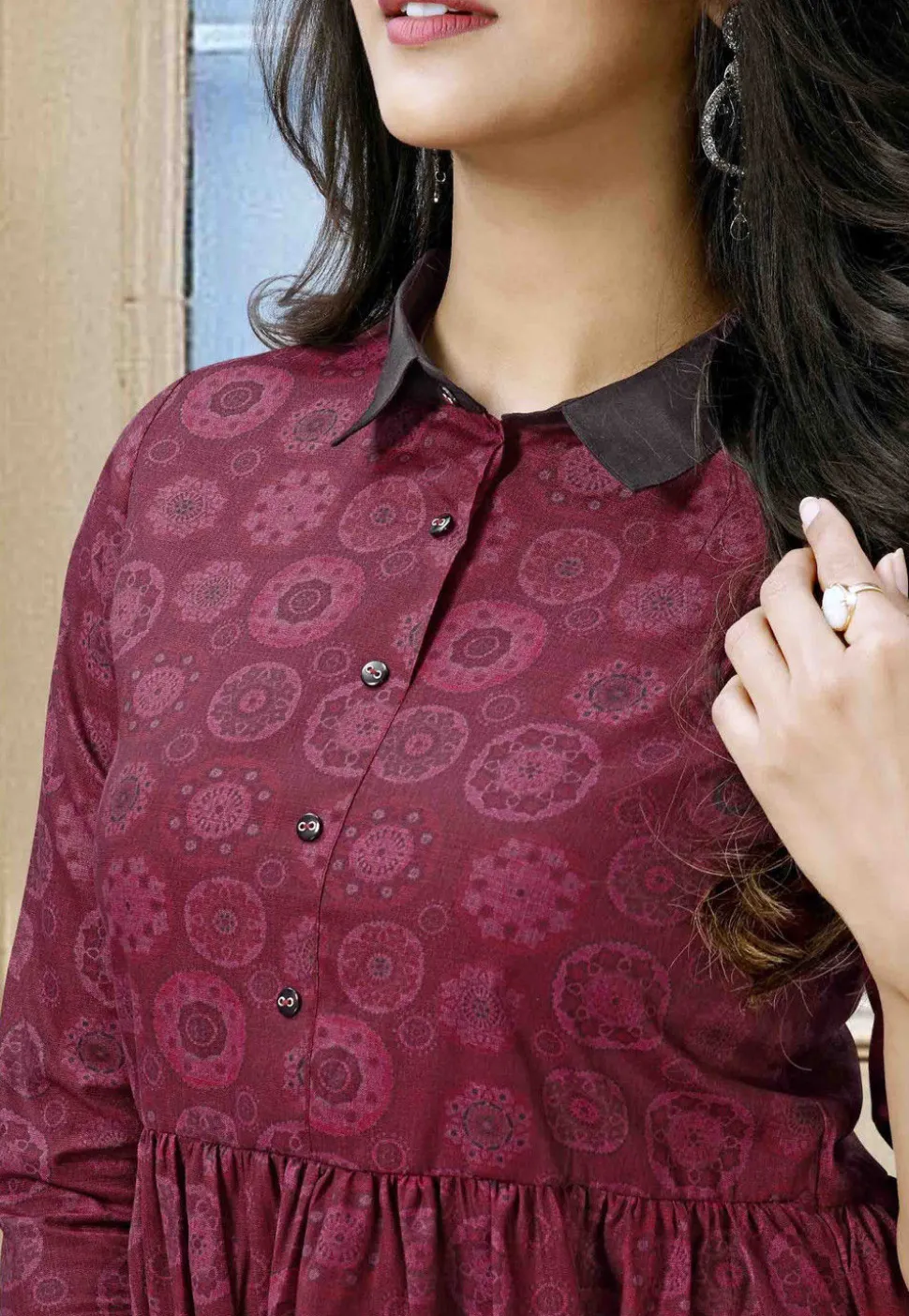 Printed Cotton A Line Kurta in Maroon