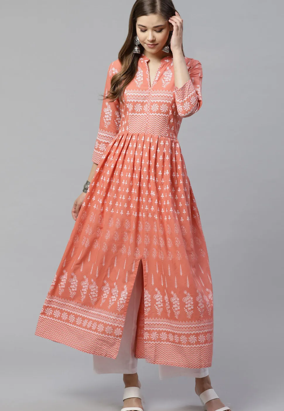 Printed Cotton A Line Kurta in Peach