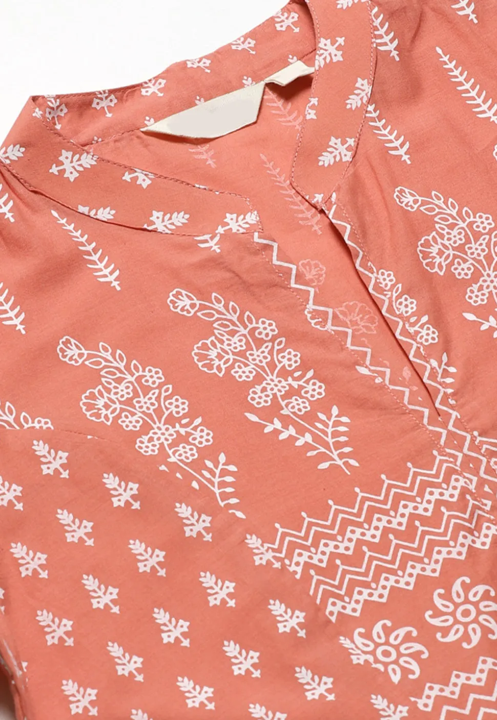 Printed Cotton A Line Kurta in Peach