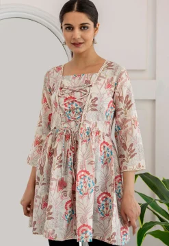 Printed Cotton A Line Kurti in Off White