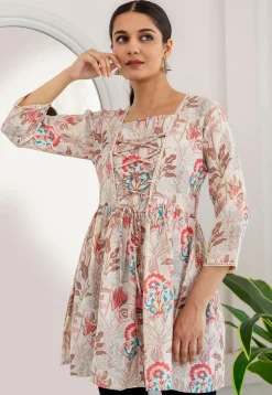 Printed Cotton A Line Kurti in Off White
