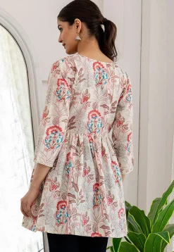 Printed Cotton A Line Kurti in Off White