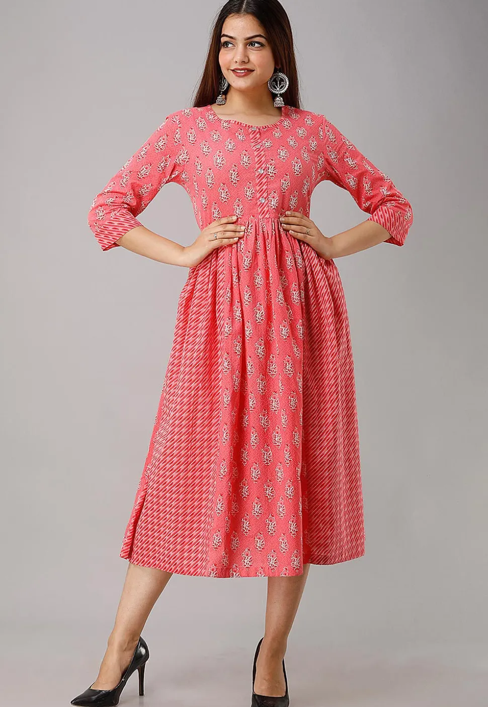 Printed Cotton A Line Kurta in Coral Pink