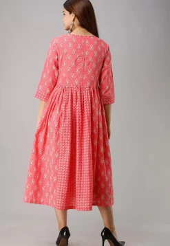 Printed Cotton A Line Kurta in Coral Pink