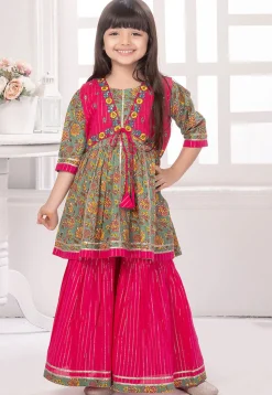 Printed Cotton A Line Kurta Set in Dusty Green