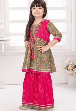 Printed Cotton A Line Kurta Set in Dusty Green