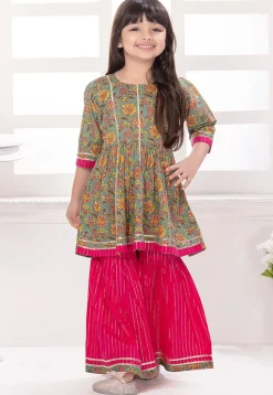 Printed Cotton A Line Kurta Set in Dusty Green