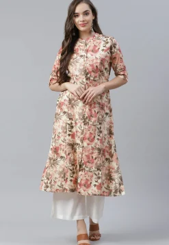 Printed Cotton A Line Kurta in Cream
