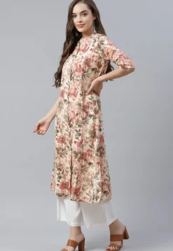 Printed Cotton A Line Kurta in Cream