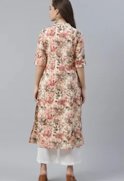 Printed Cotton A Line Kurta in Cream