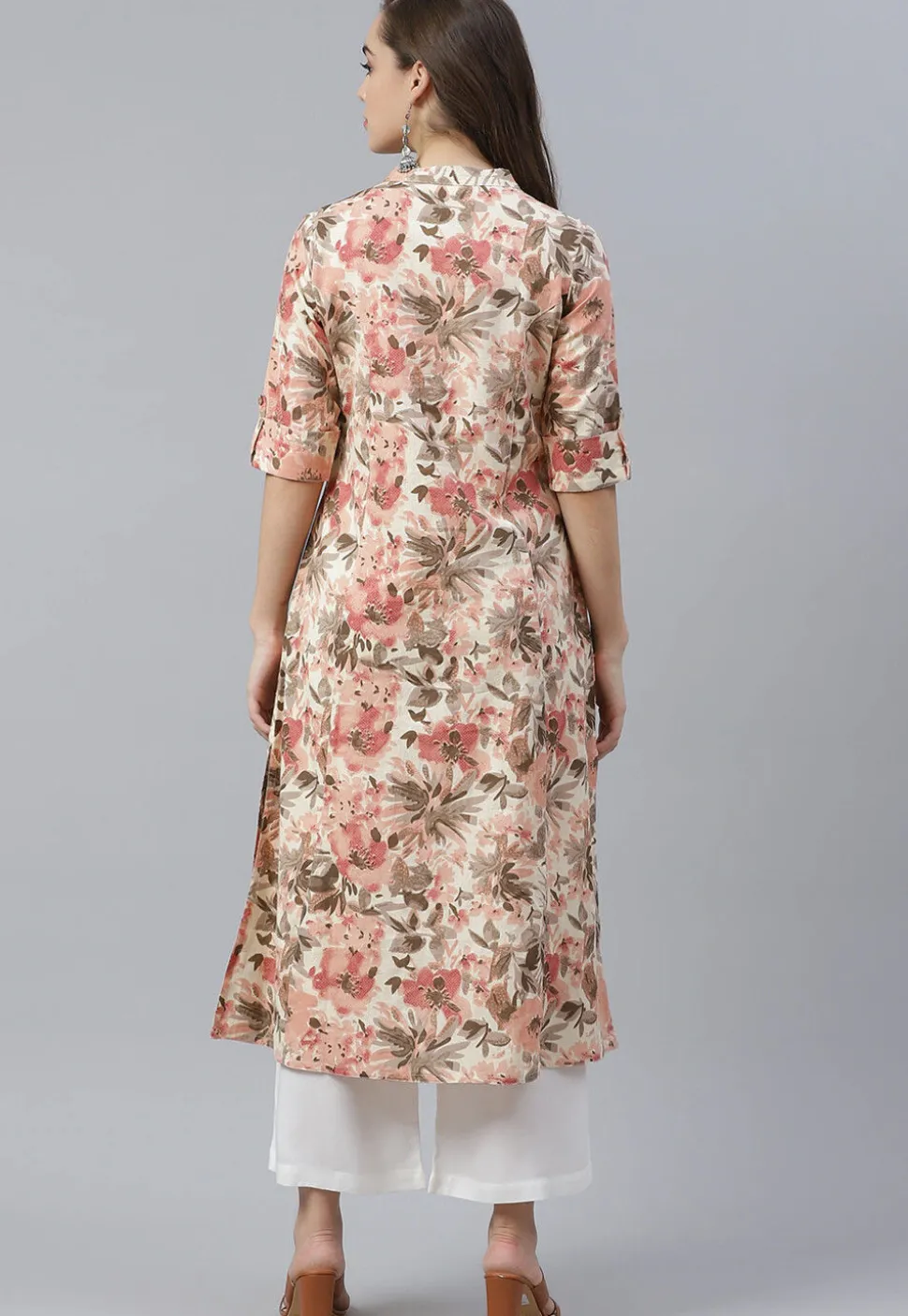Printed Cotton A Line Kurta in Cream