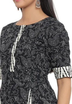 Printed Cotton A Line Kurta in Black