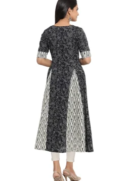 Printed Cotton A Line Kurta in Black