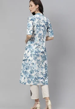 Printed Cotton A Line Kurta in Off White and Blue