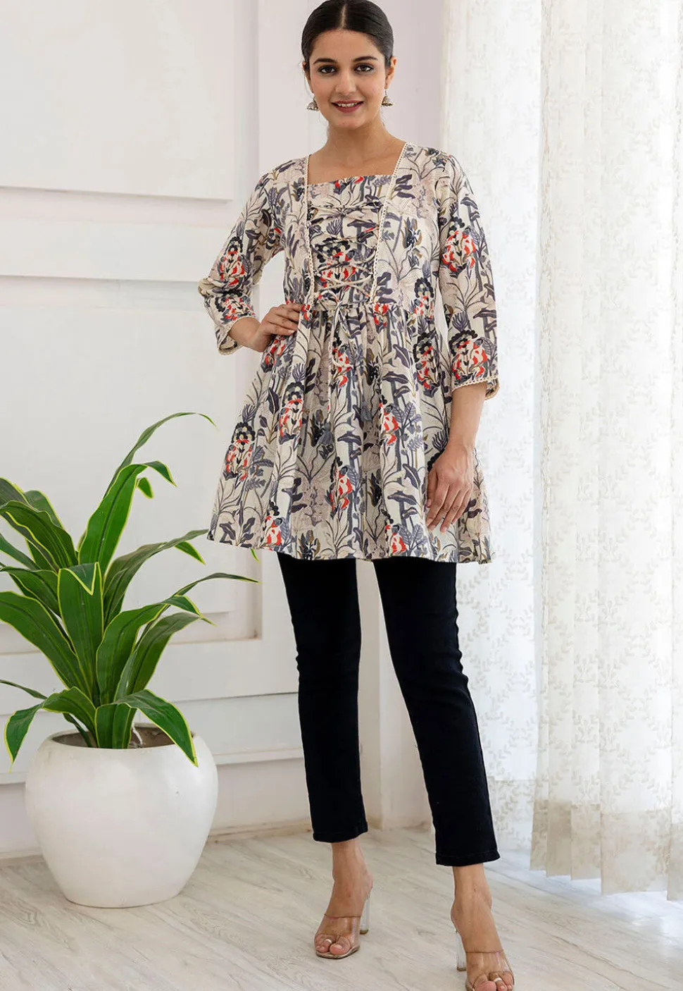 Printed Cotton A Line Kurti in Off White