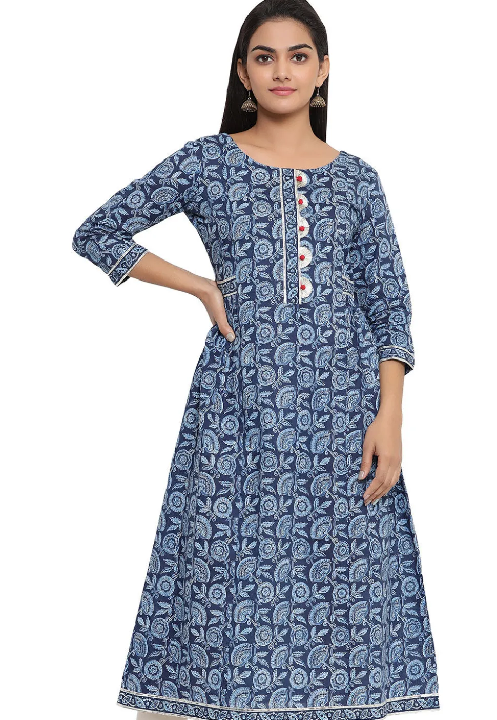 Printed Cotton A Line Kurta in Dark Blue