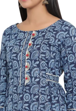 Printed Cotton A Line Kurta in Dark Blue
