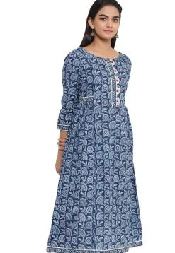 Printed Cotton A Line Kurta in Dark Blue