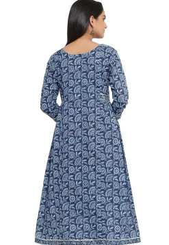 Printed Cotton A Line Kurta in Dark Blue